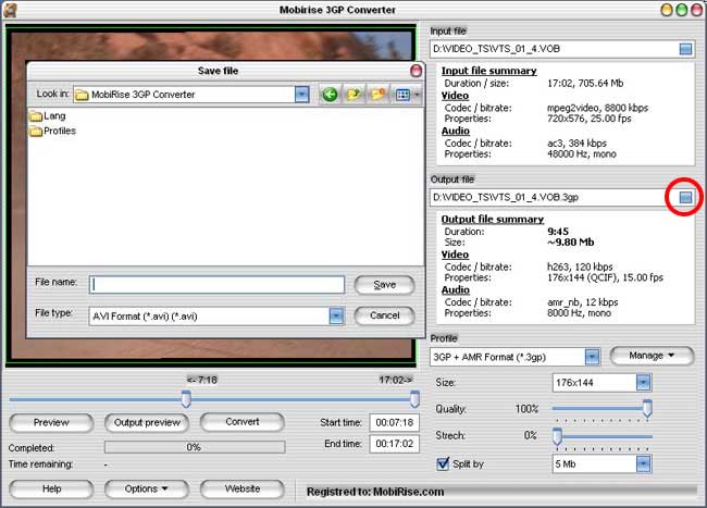 Saving the file in MobiRise 3gp converter