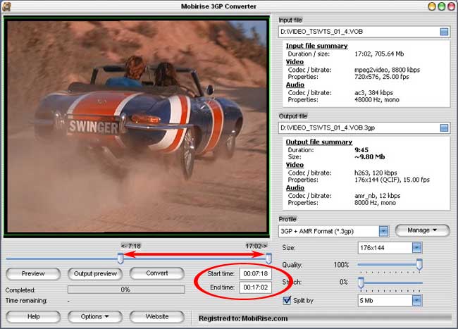 Defining the start and end points in MobiRise 3gp video converter